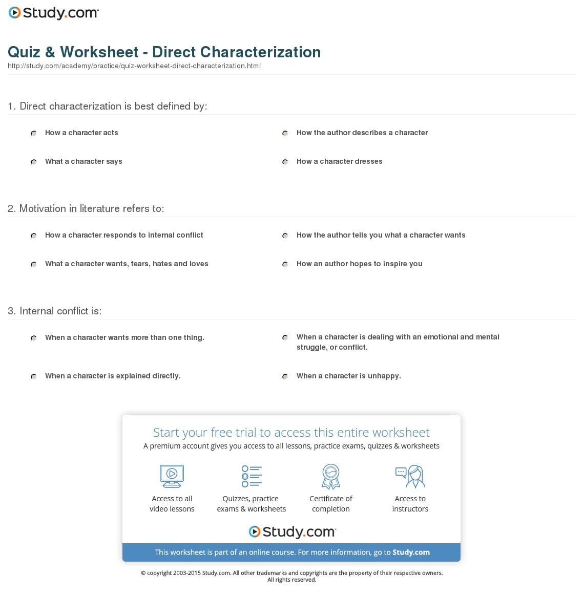 Quiz  Worksheet  Direct Characterization  Study In Direct And Indirect Characterization Worksheet