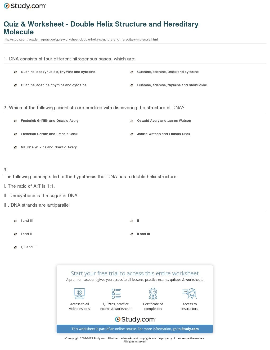 Quiz  Worksheet  Double Helix Structure And Hereditary Molecule Or Dna The Double Helix Worksheet