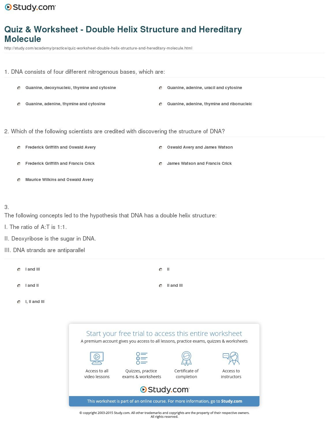 Quiz  Worksheet  Double Helix Structure And Hereditary Molecule Pertaining To Dna The Double Helix Worksheet Answers