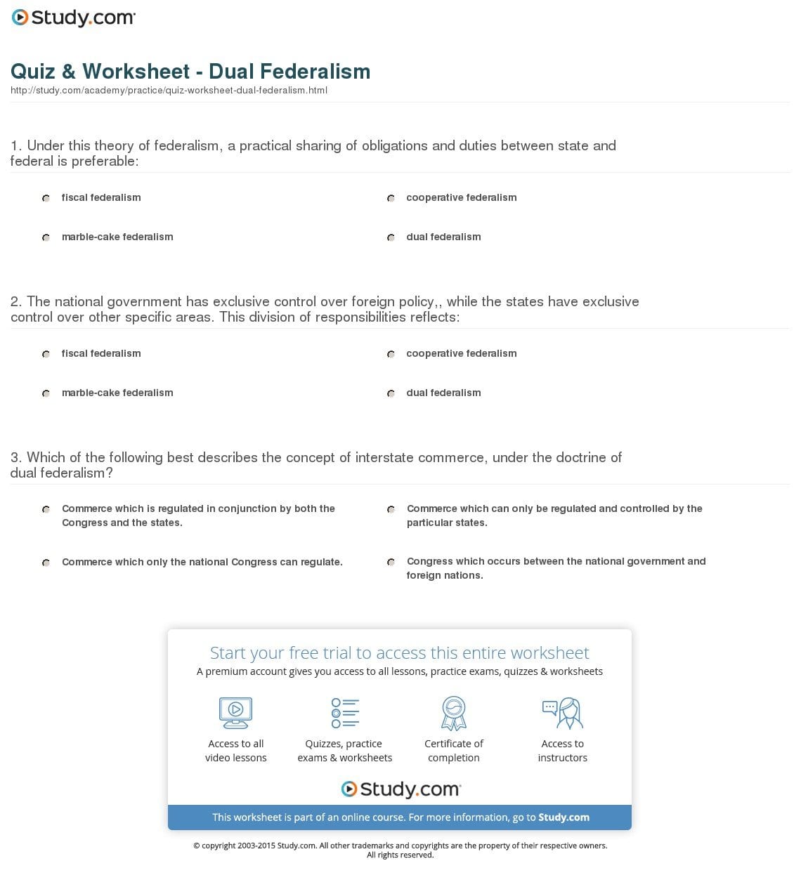 Quiz  Worksheet  Dual Federalism  Study For The Federal In Federalism Worksheet Answers