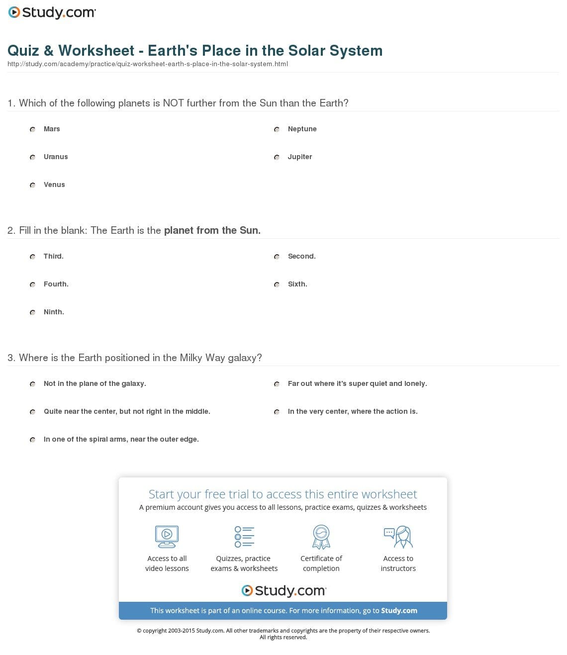 Quiz  Worksheet  Earth's Place In The Solar System  Study Together With Solar System Worksheets