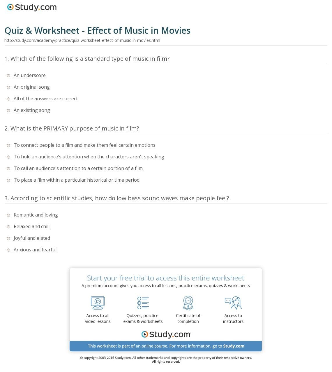 Quiz  Worksheet  Effect Of Music In Movies  Study In Forks Over Knives Worksheet Answer Key