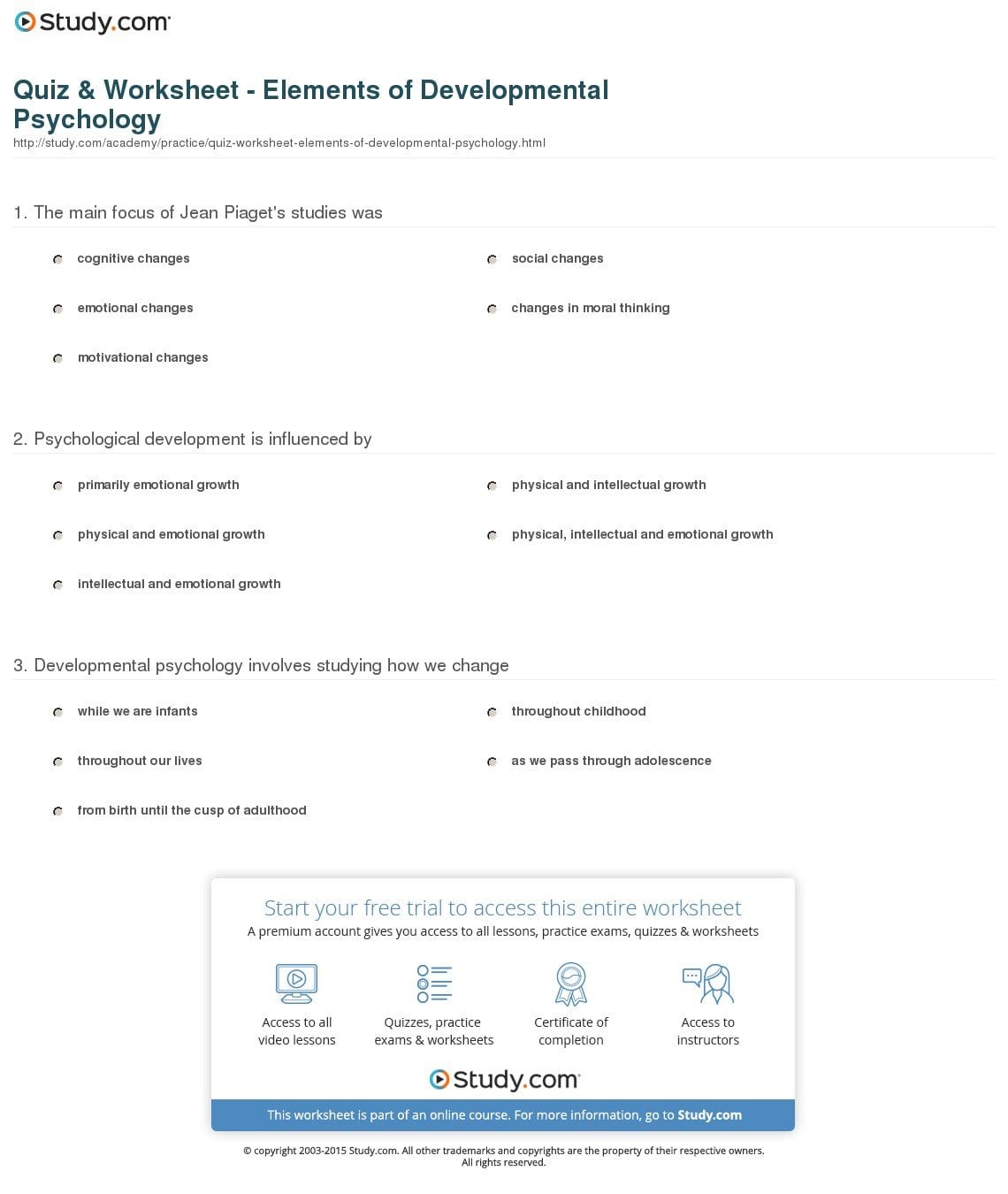 Quiz  Worksheet  Elements Of Developmental Psychology  Study Inside Psychology Worksheets With Answers