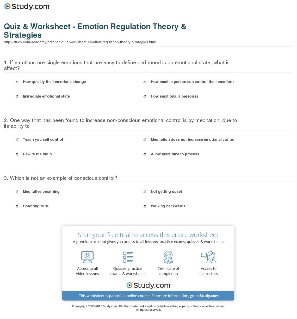 Quiz  Worksheet  Emotion Regulation Theory  Strategies  Study Along With Emotional Regulation Worksheets