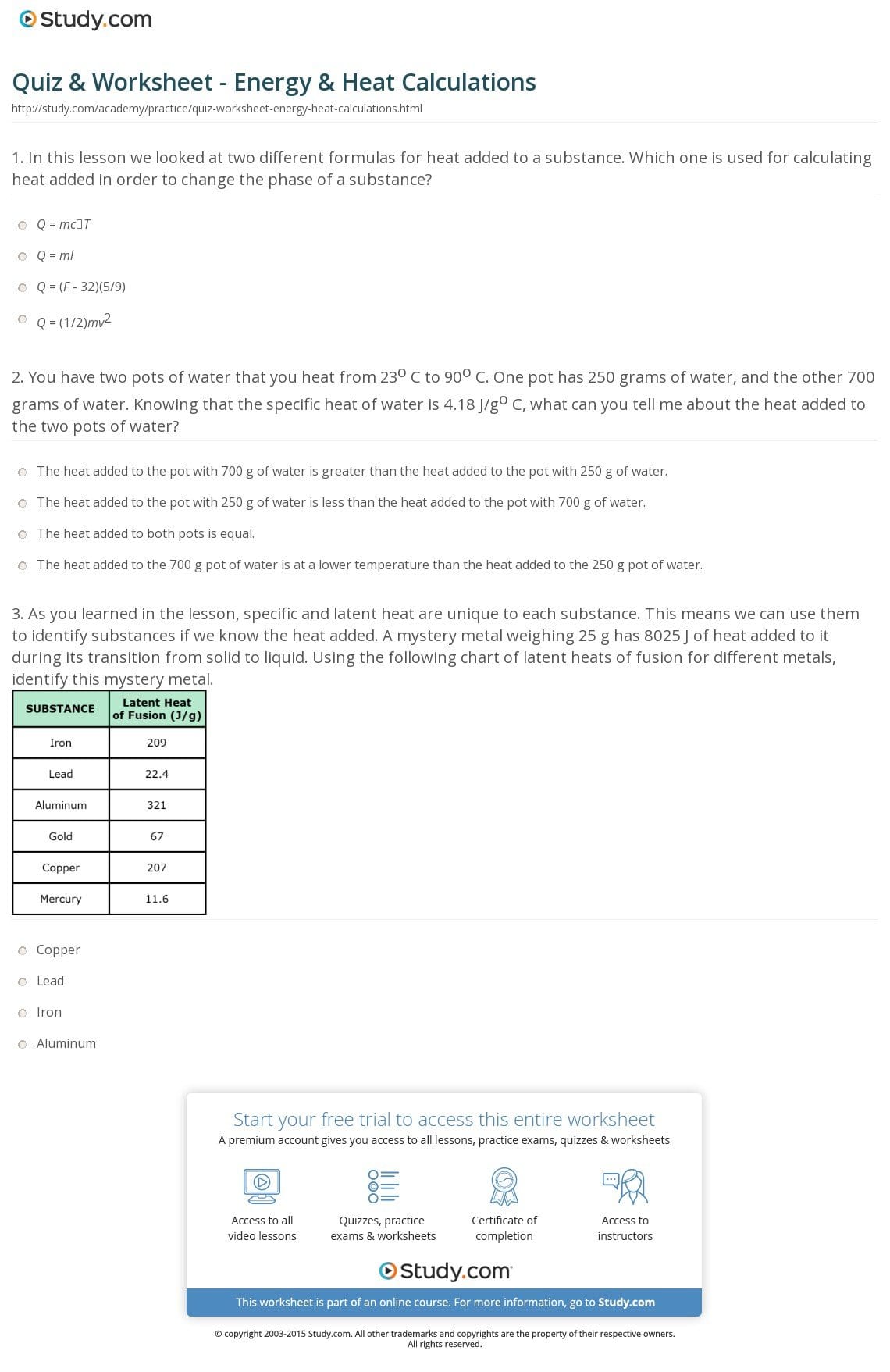 Quiz  Worksheet  Energy  Heat Calculations  Study Throughout Energy Calculations Worksheet