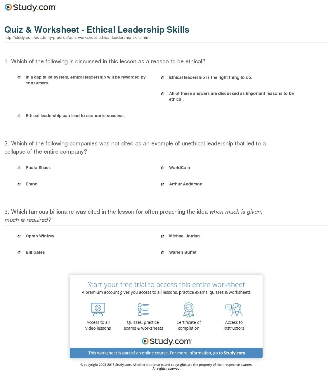 Quiz  Worksheet  Ethical Leadership Skills  Study For Free Leadership Worksheets