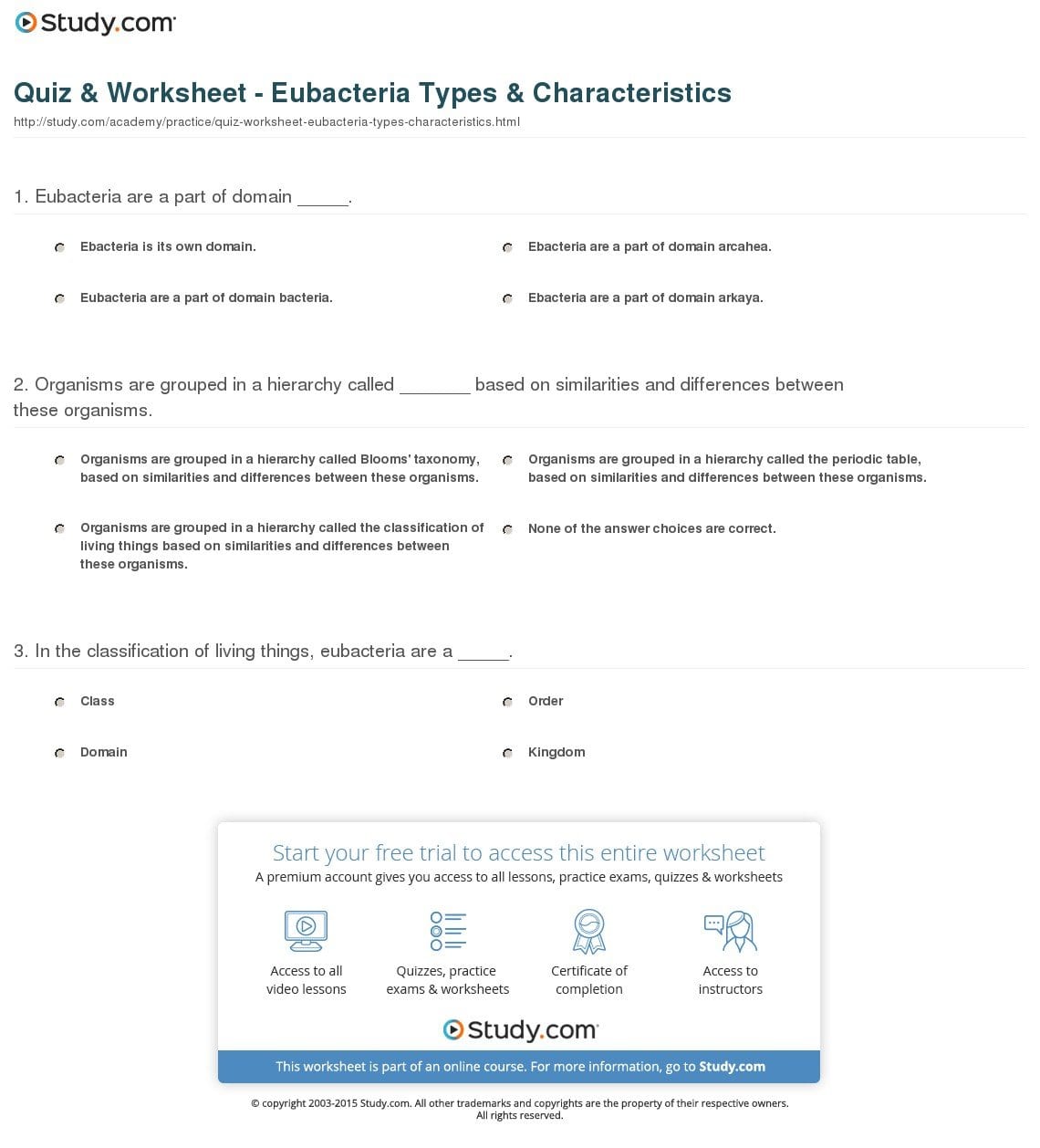 Quiz  Worksheet  Eubacteria Types  Characteristics  Study For Characteristics Of Bacteria Worksheet