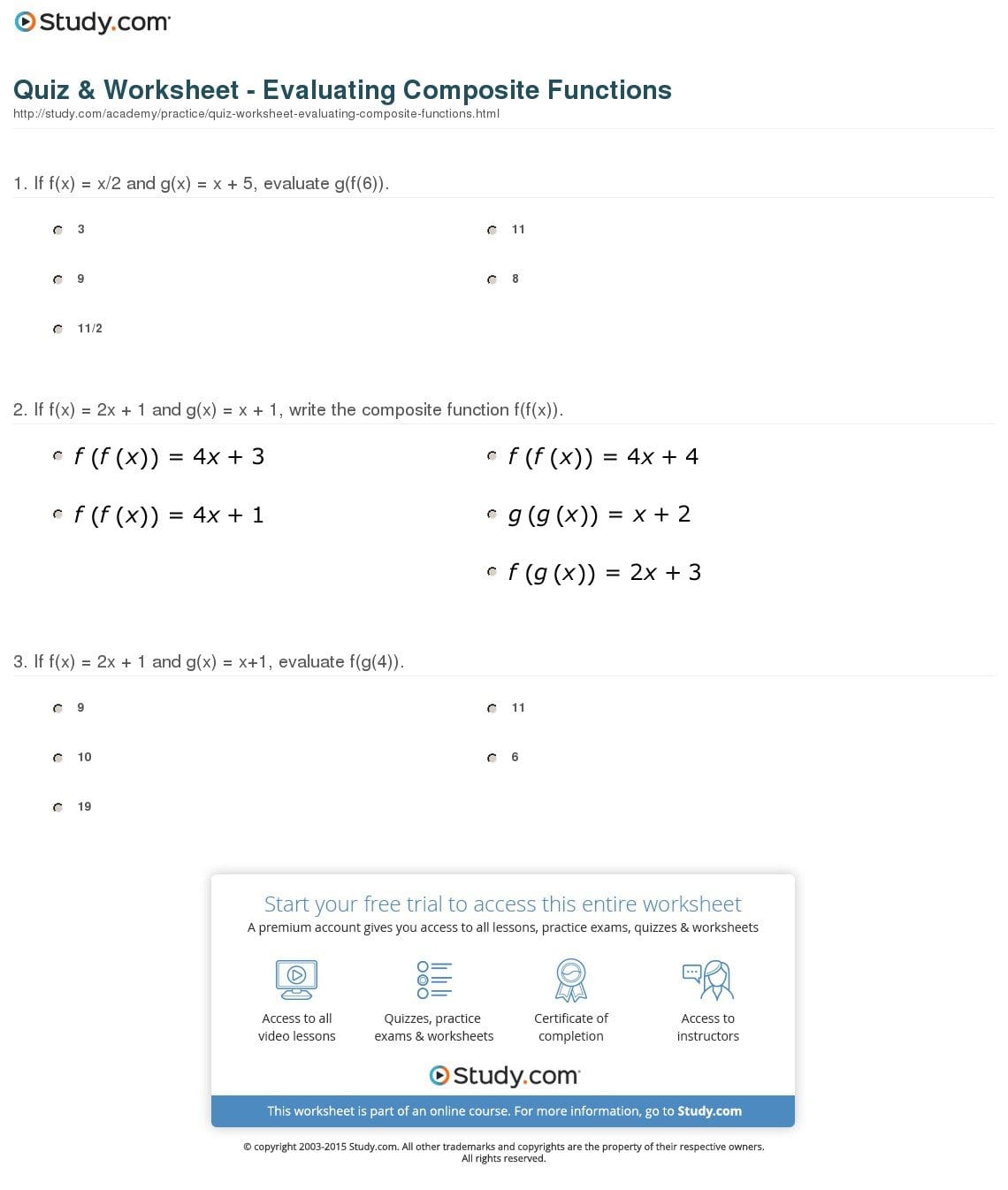 Quiz  Worksheet  Evaluating Composite Functions  Study With Regard To Pre Calculus Composite Functions Worksheet Answers