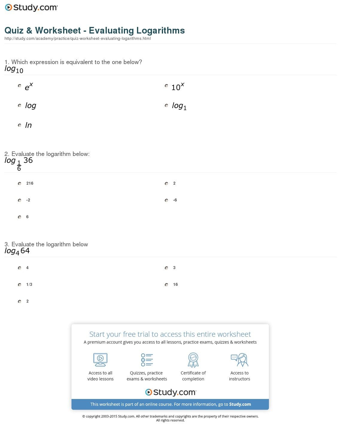 Quiz  Worksheet  Evaluating Logarithms  Study Also Properties Of Logarithms Worksheet