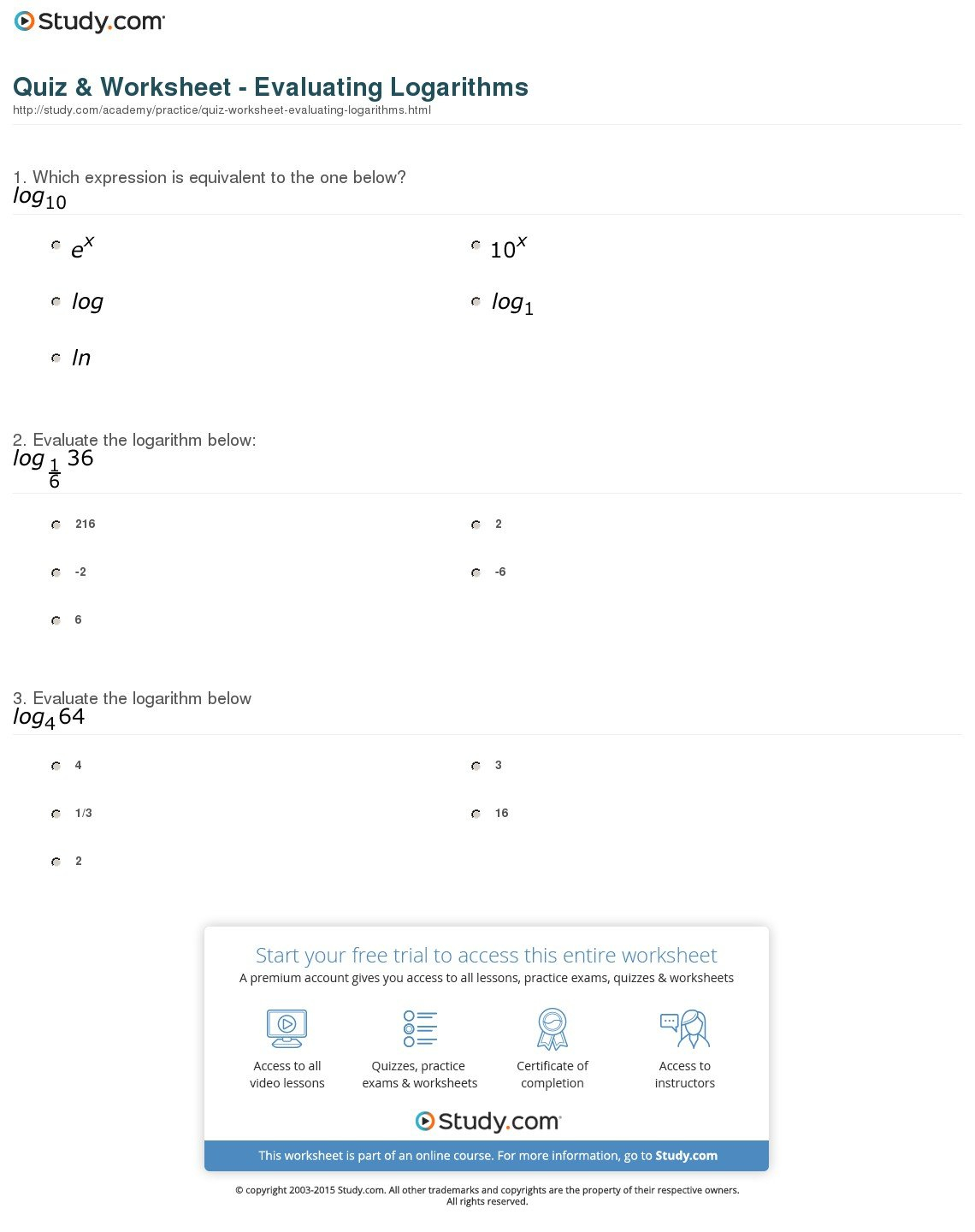 Quiz  Worksheet  Evaluating Logarithms  Study Together With Logarithm Worksheet With Answers