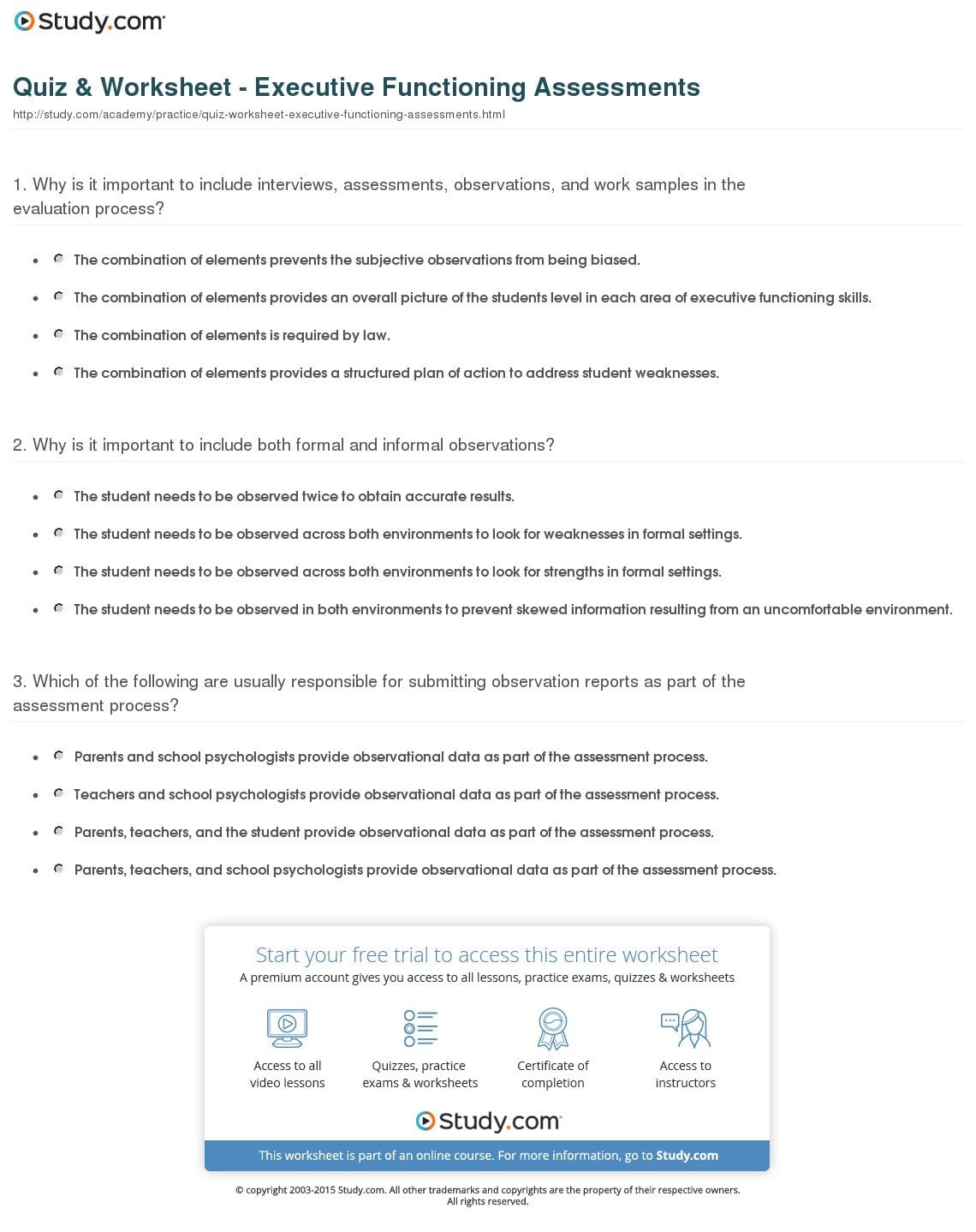 Quiz  Worksheet  Executive Functioning Assessments  Study And Executive Function Worksheets For Adults