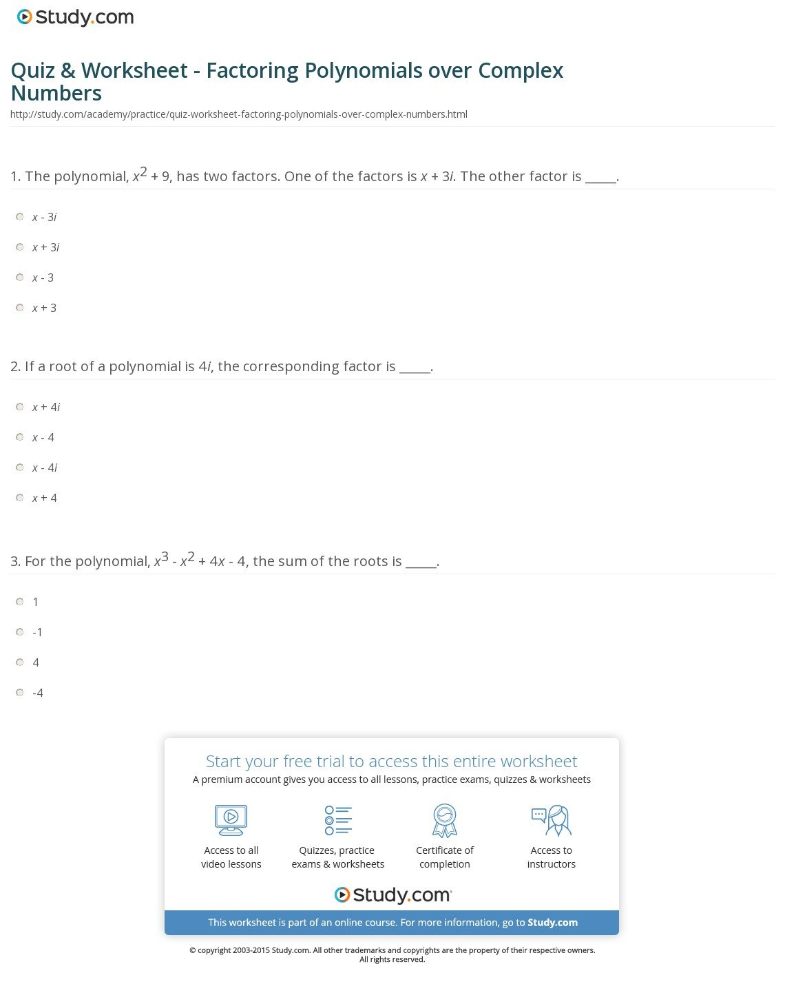 Quiz  Worksheet  Factoring Polynomials Over Complex Numbers Throughout Factoring Practice Worksheet Answers