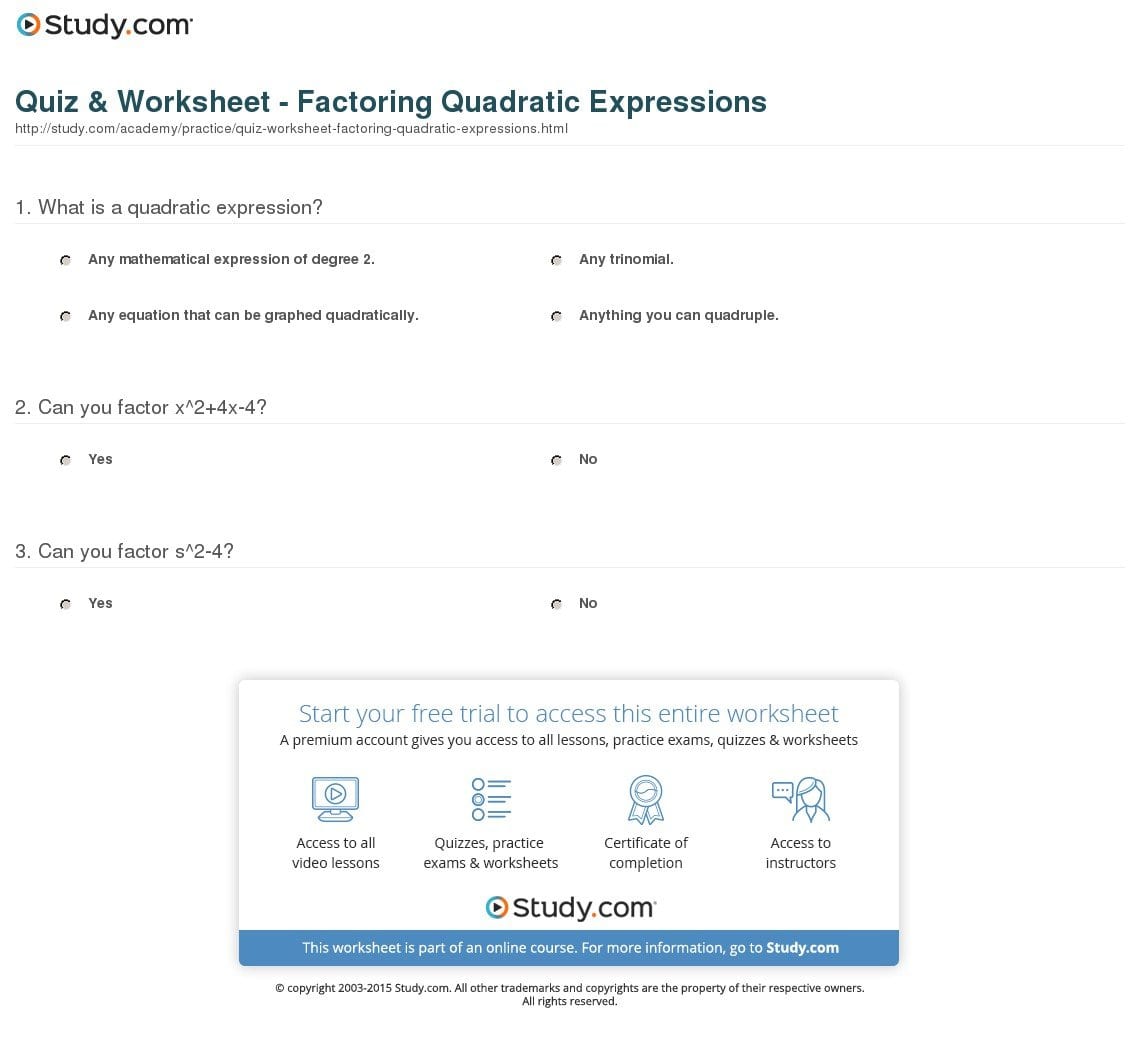 Quiz  Worksheet  Factoring Quadratic Expressions  Study Together With Factoring Quadratics Worksheet Answers