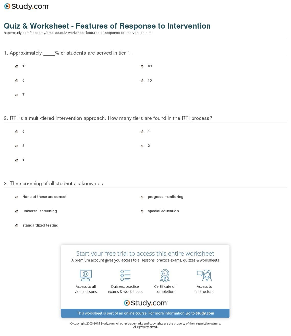 Quiz  Worksheet  Features Of Response To Intervention  Study And Response To Intervention Worksheet Answers