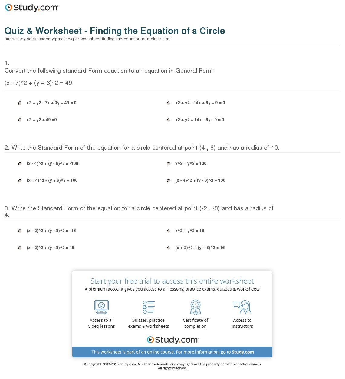 Quiz  Worksheet  Finding The Equation Of A Circle  Study And Standard Form Equation Of A Circle Worksheet Answers