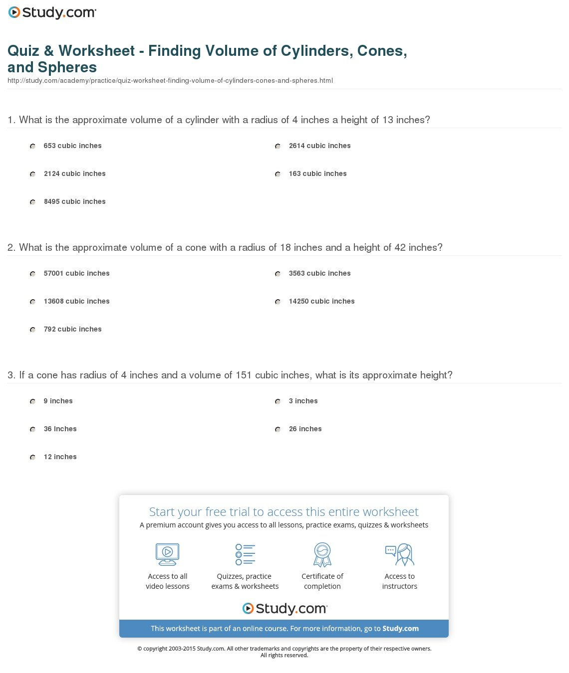 Quiz  Worksheet  Finding Volume Of Cylinders Cones And Spheres Or Volume Of A Cylinder Worksheet