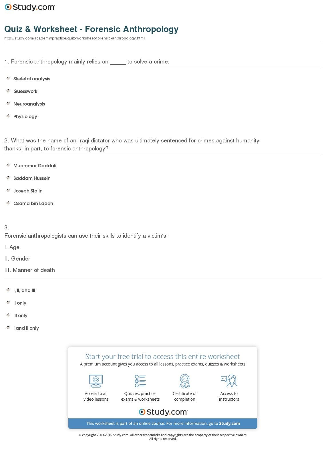 Quiz  Worksheet  Forensic Anthropology  Study With Regard To Forensic Anthropology Worksheet Answers