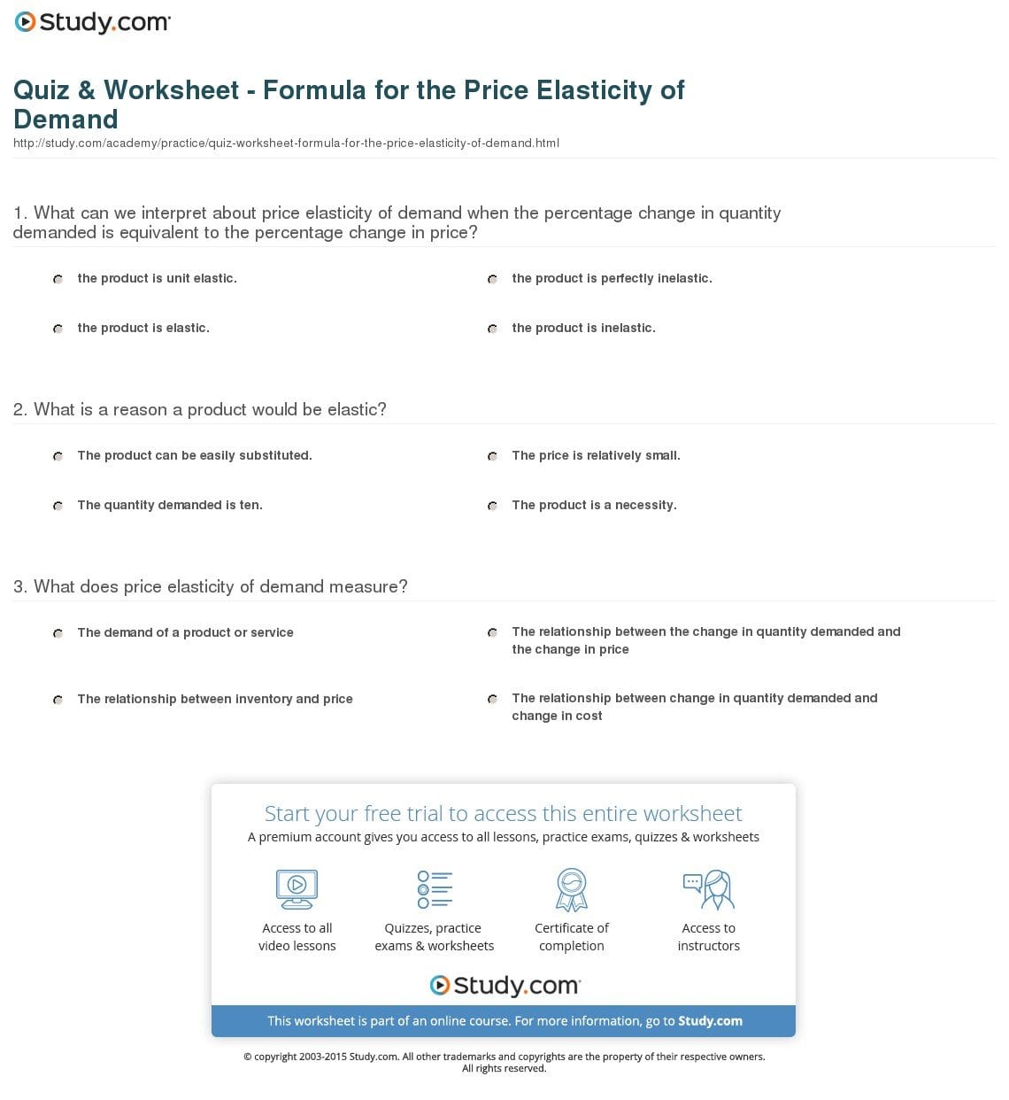 Quiz  Worksheet  Formula For The Price Elasticity Of Demand Within Worksheet On Elasticity Answers