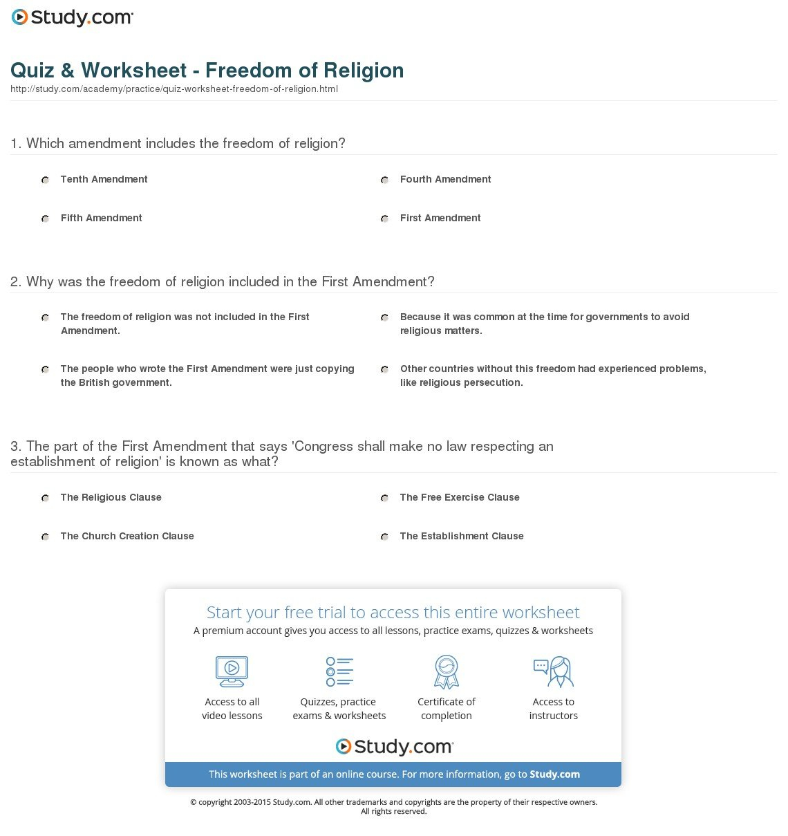 Quiz  Worksheet  Freedom Of Religion  Study In Freedom Of Religion Worksheet Answers