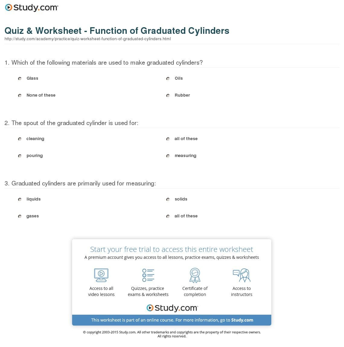 Quiz  Worksheet  Function Of Graduated Cylinders  Study Together With Graduated Cylinder Worksheet