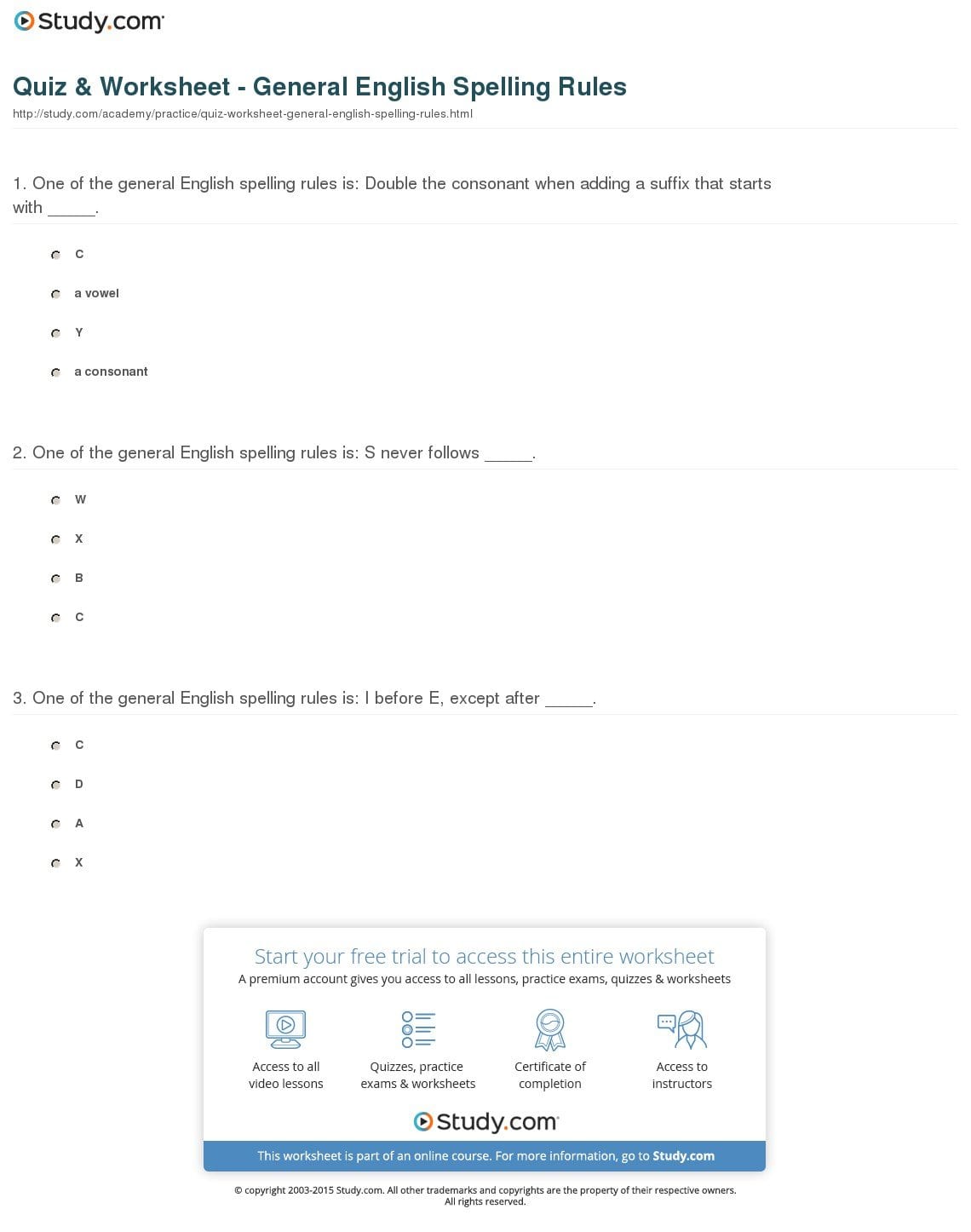 Quiz  Worksheet  General English Spelling Rules  Study As Well As Spelling Rules Worksheets