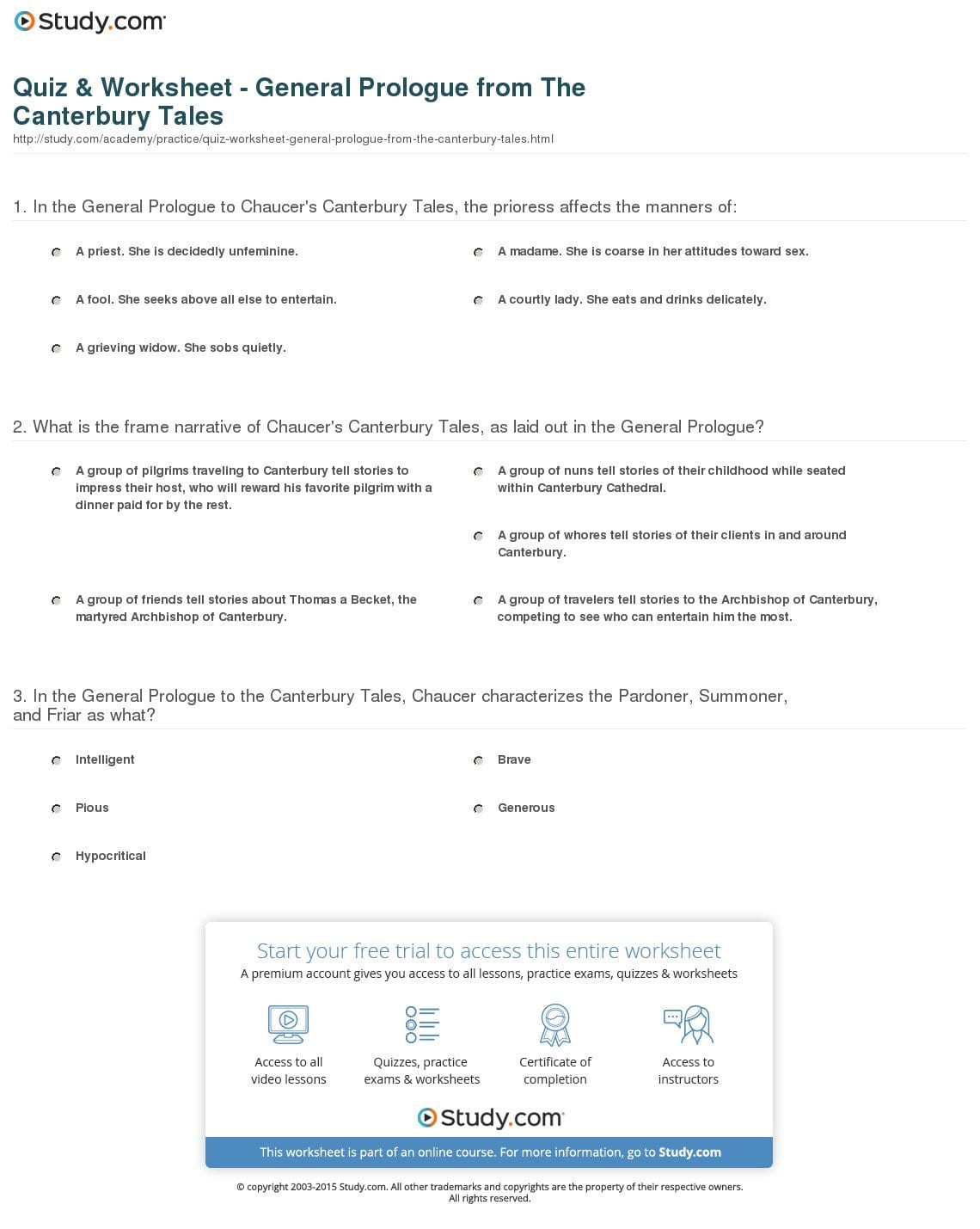 Quiz  Worksheet  General Prologue From The Canterbury Tales For Canterbury Tales The General Prologue Worksheet Answers