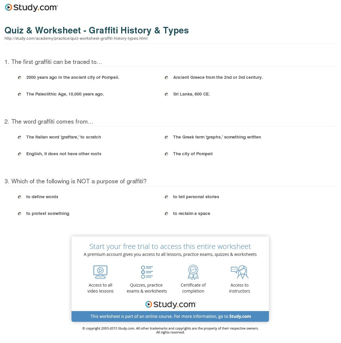 Quiz  Worksheet  Graffiti History  Types  Study Along With Graffiti Worksheet Answers