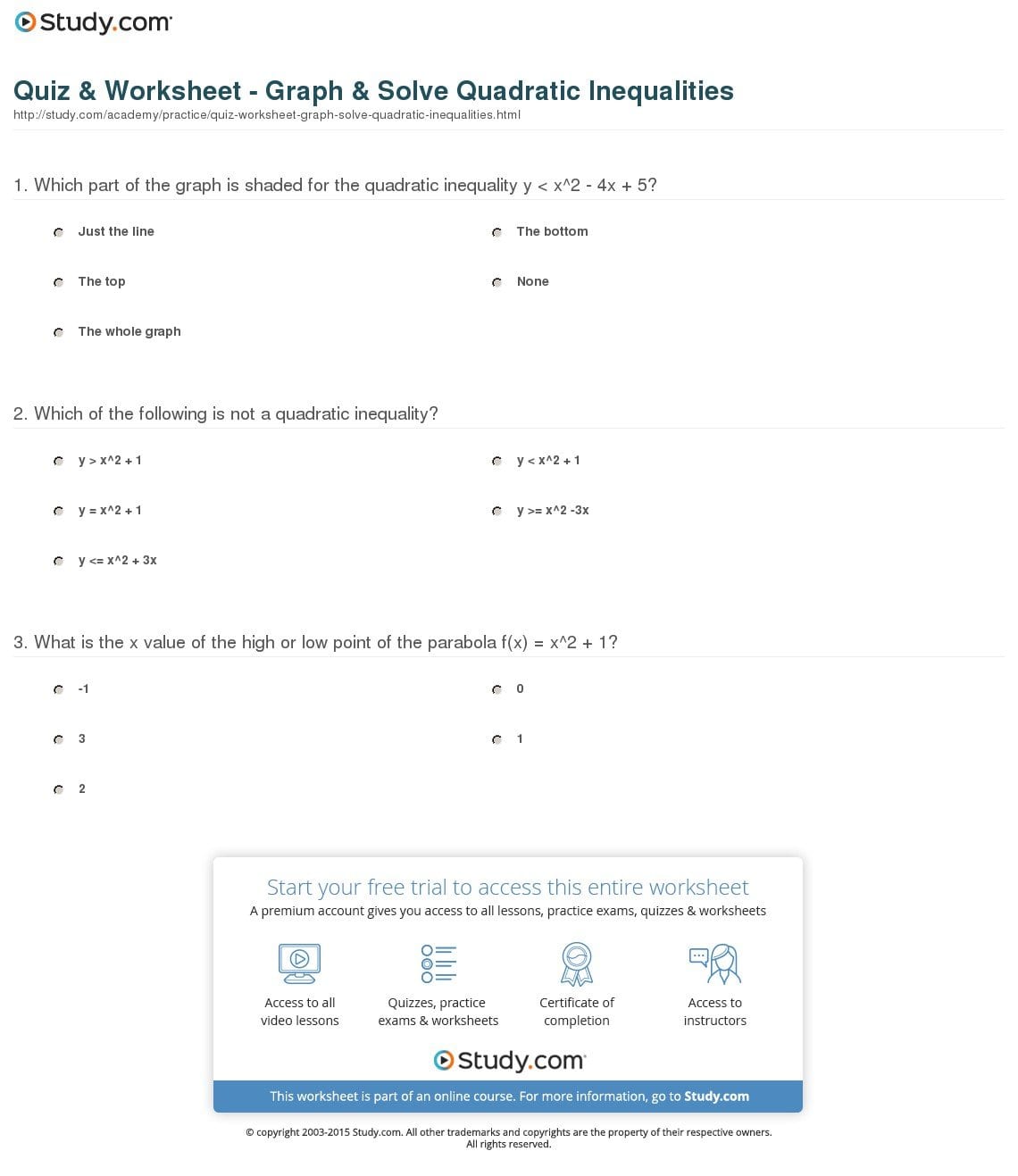 Quiz  Worksheet  Graph  Solve Quadratic Inequalities  Study Pertaining To Solving Quadratic Inequalities Worksheet