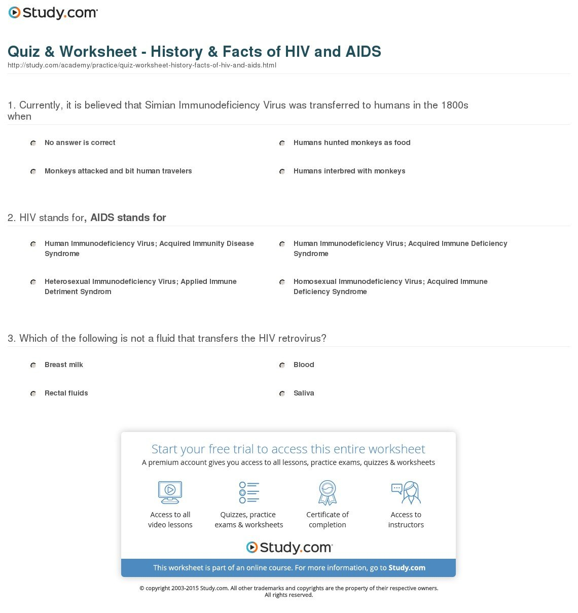 Quiz  Worksheet  History  Facts Of Hiv And Aids  Study Or Hiv Aids Worksheet