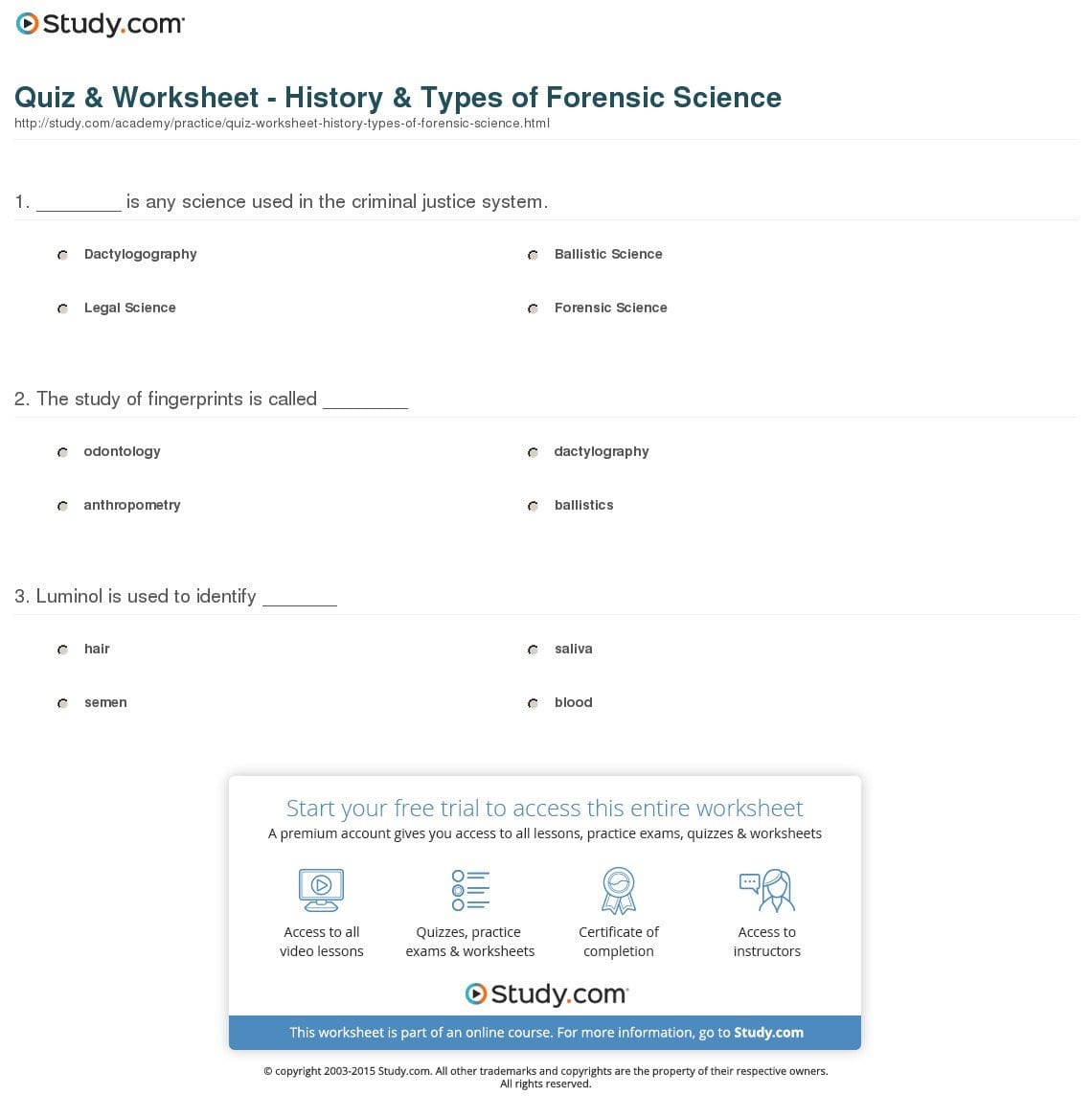 Quiz  Worksheet  History  Types Of Forensic Science  Study Throughout Forensic Science Worksheets For High School