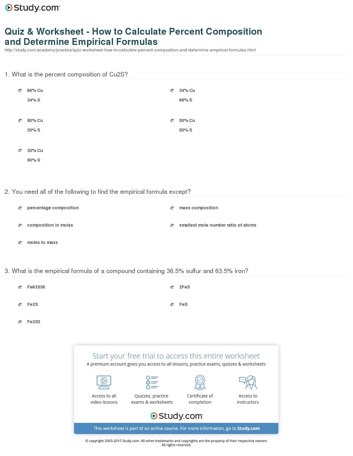 Quiz  Worksheet  How To Calculate Percent Composition And For Percent Composition Chemistry Worksheet