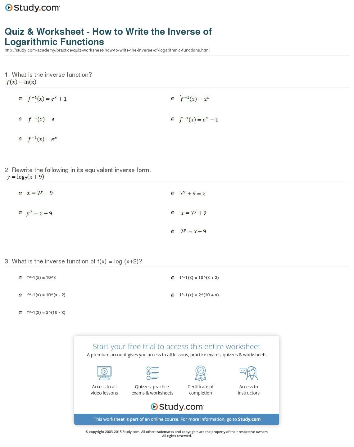 Quiz  Worksheet  How To Write The Inverse Of Logarithmic Functions Pertaining To Inverse Functions Worksheet