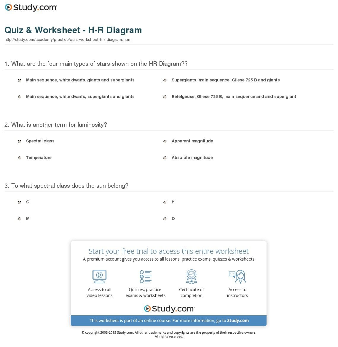 Quiz  Worksheet  Hr Diagram  Study In Hr Diagram Worksheet Answer Key