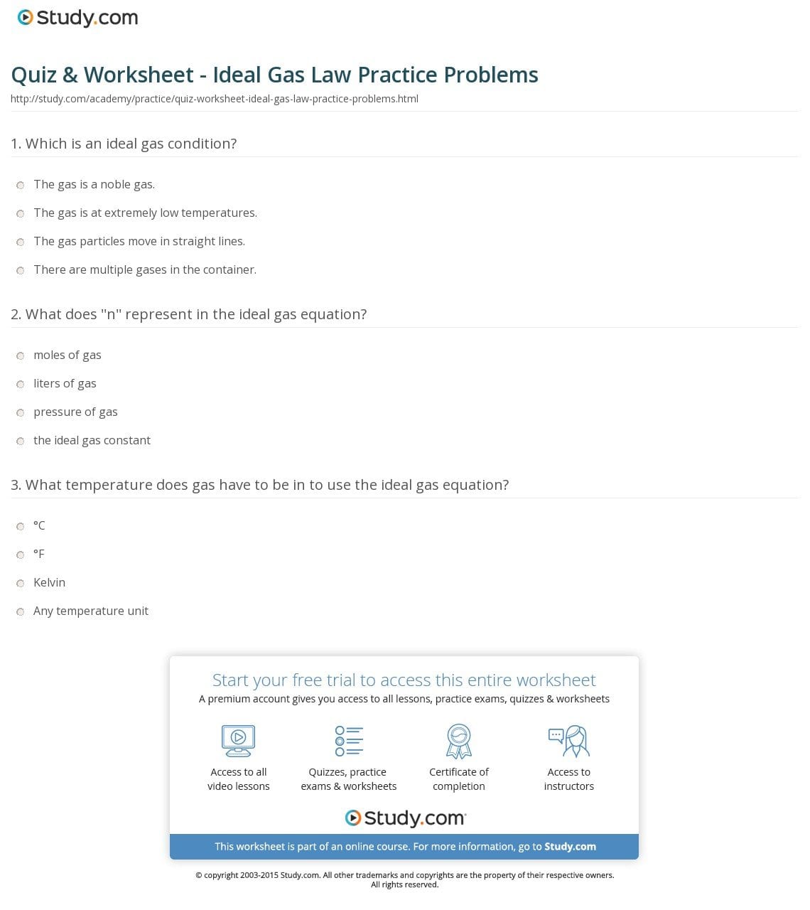 Quiz  Worksheet  Ideal Gas Law Practice Problems  Study Pertaining To Ideal Gas Law Practice Worksheet