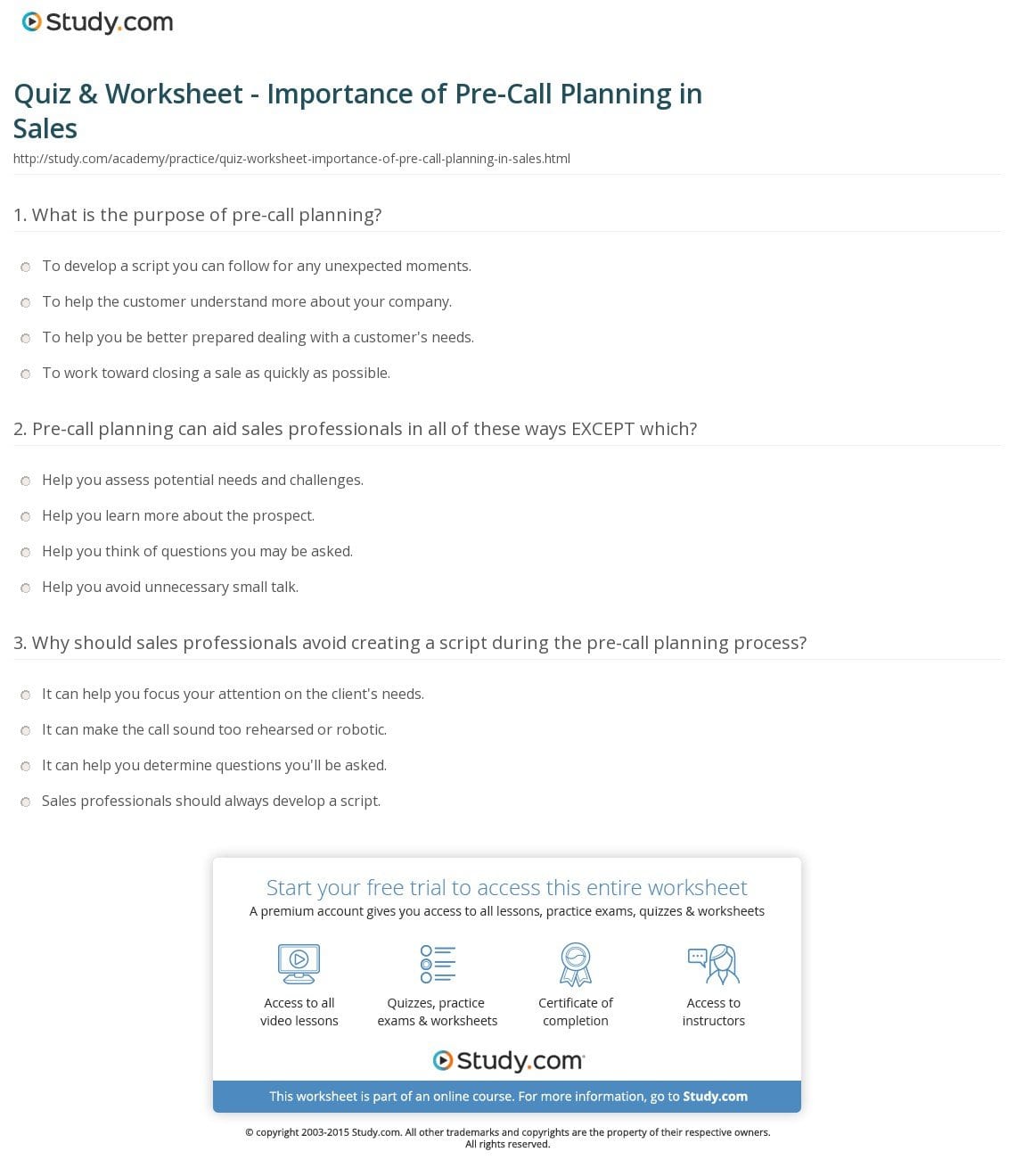 Quiz  Worksheet  Importance Of Precall Planning In Sales  Study Also Sales Pre Call Planning Worksheet