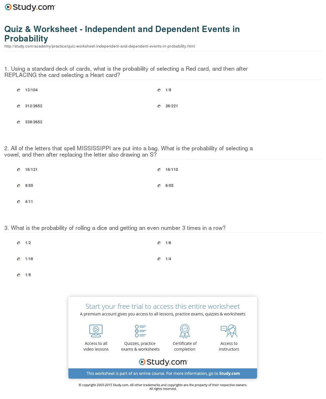 Quiz  Worksheet  Independent And Dependent Events In Probability Intended For Probability Review Worksheet