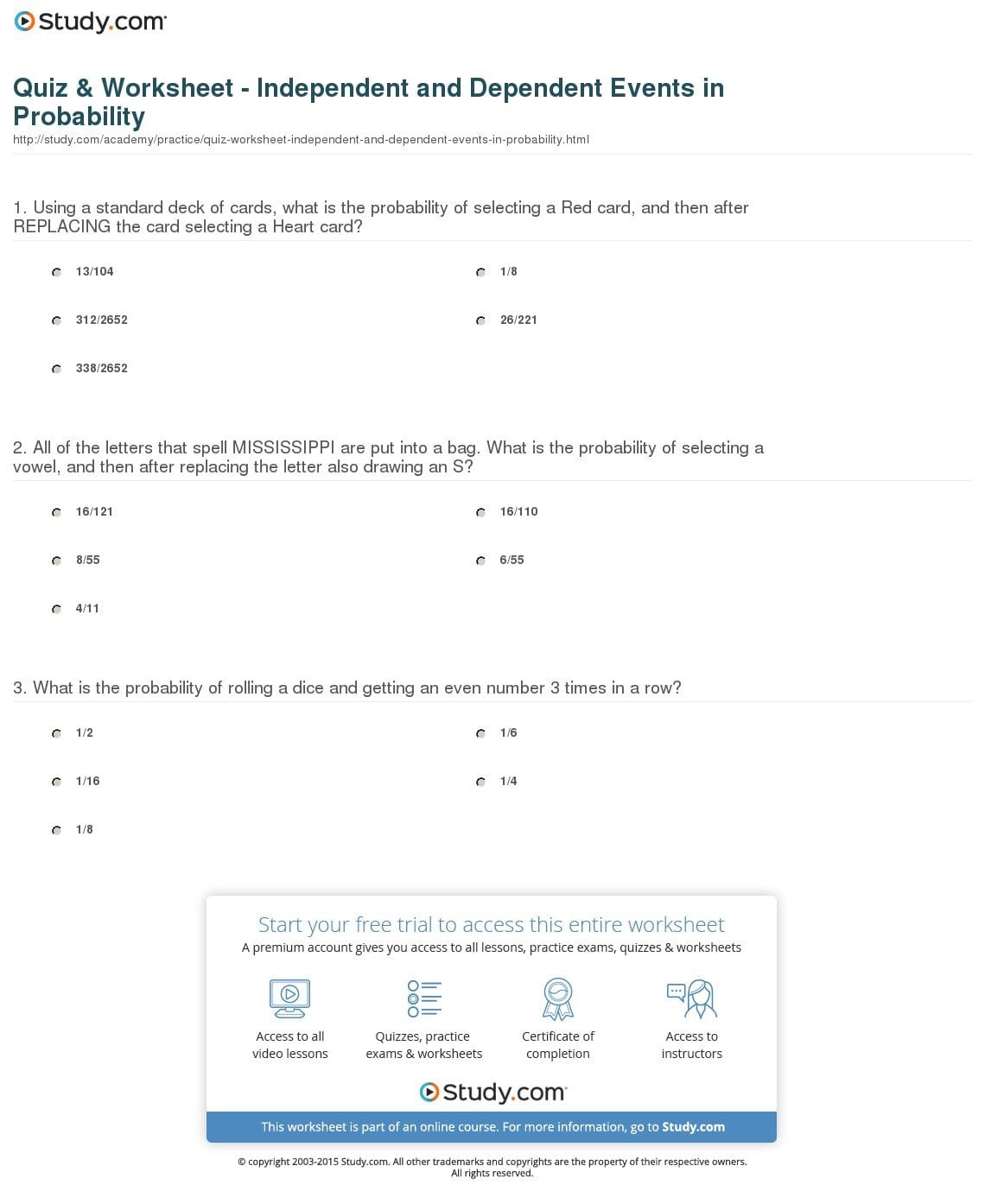 Quiz  Worksheet  Independent And Dependent Events In Probability Or Independent And Dependent Probability Worksheet With Answer Key