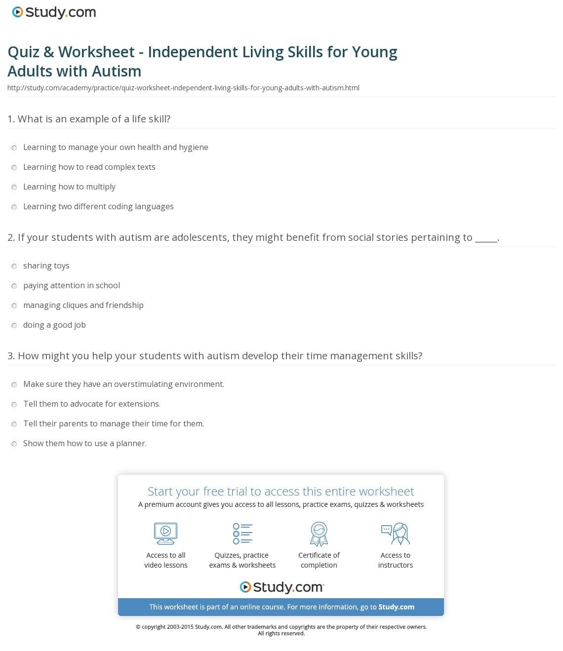 Quiz  Worksheet  Independent Living Skills For Young Adults With Intended For Independent Living Worksheets For Adults