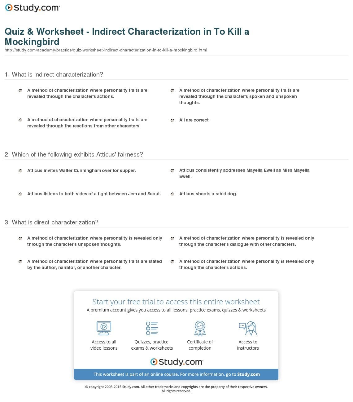 Quiz  Worksheet  Indirect Characterization In To Kill A Also To Kill A Mockingbird Worksheets