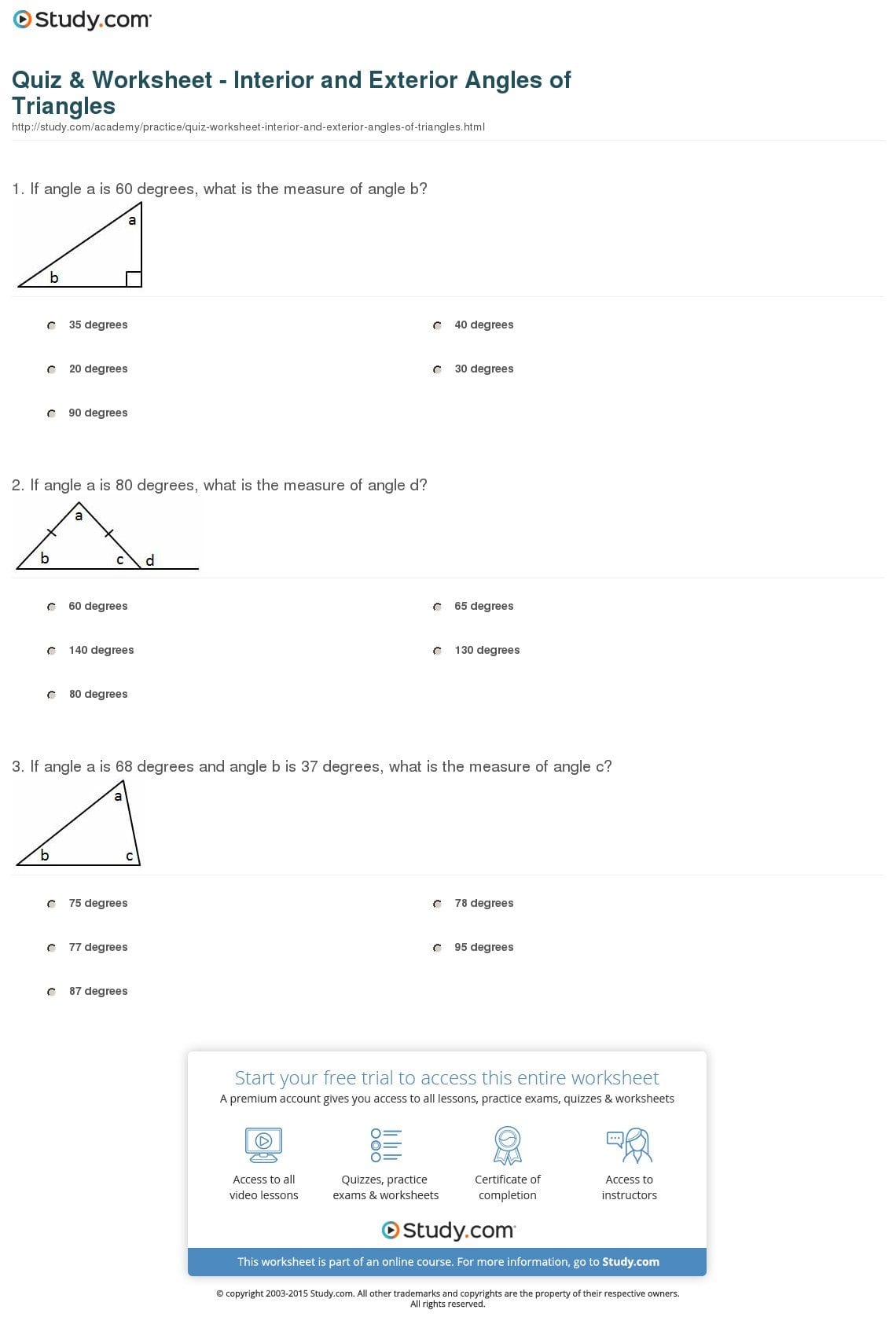 Quiz  Worksheet  Interior And Exterior Angles Of Triangles  Study Along With Interior And Exterior Angles Worksheet