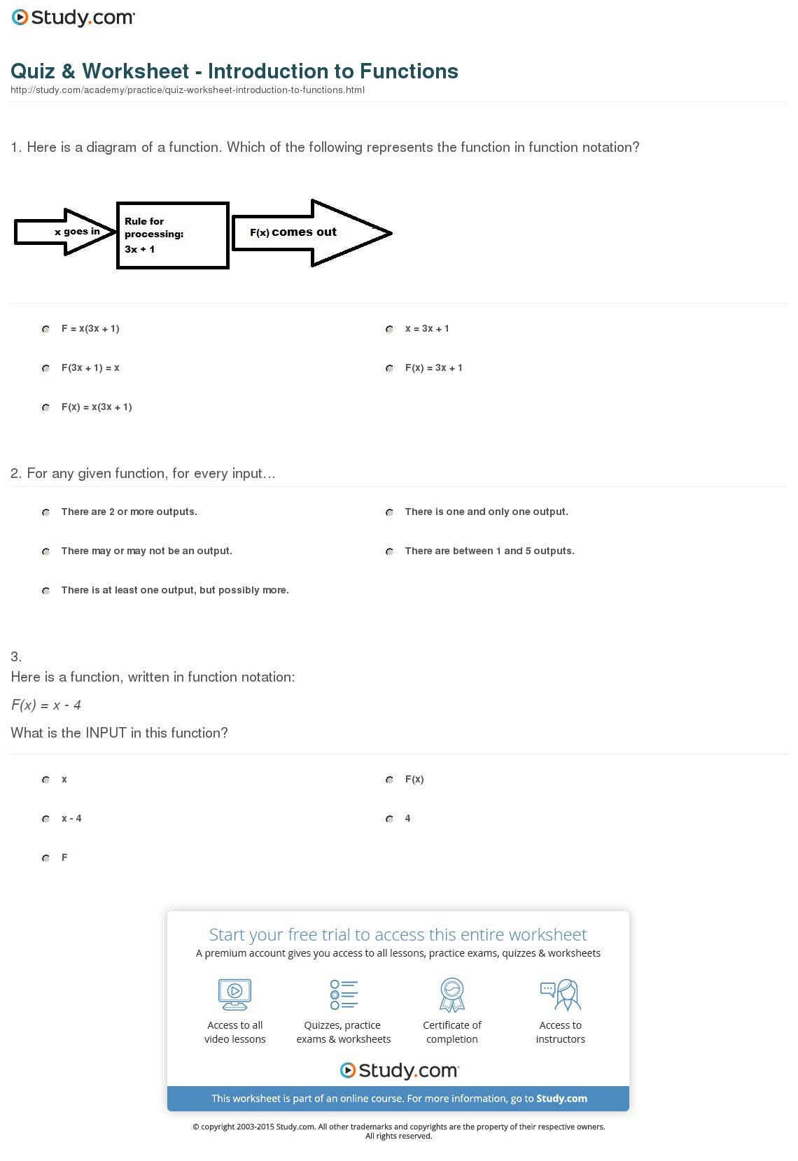Quiz  Worksheet  Introduction To Functions  Study With Introduction To Functions Worksheet