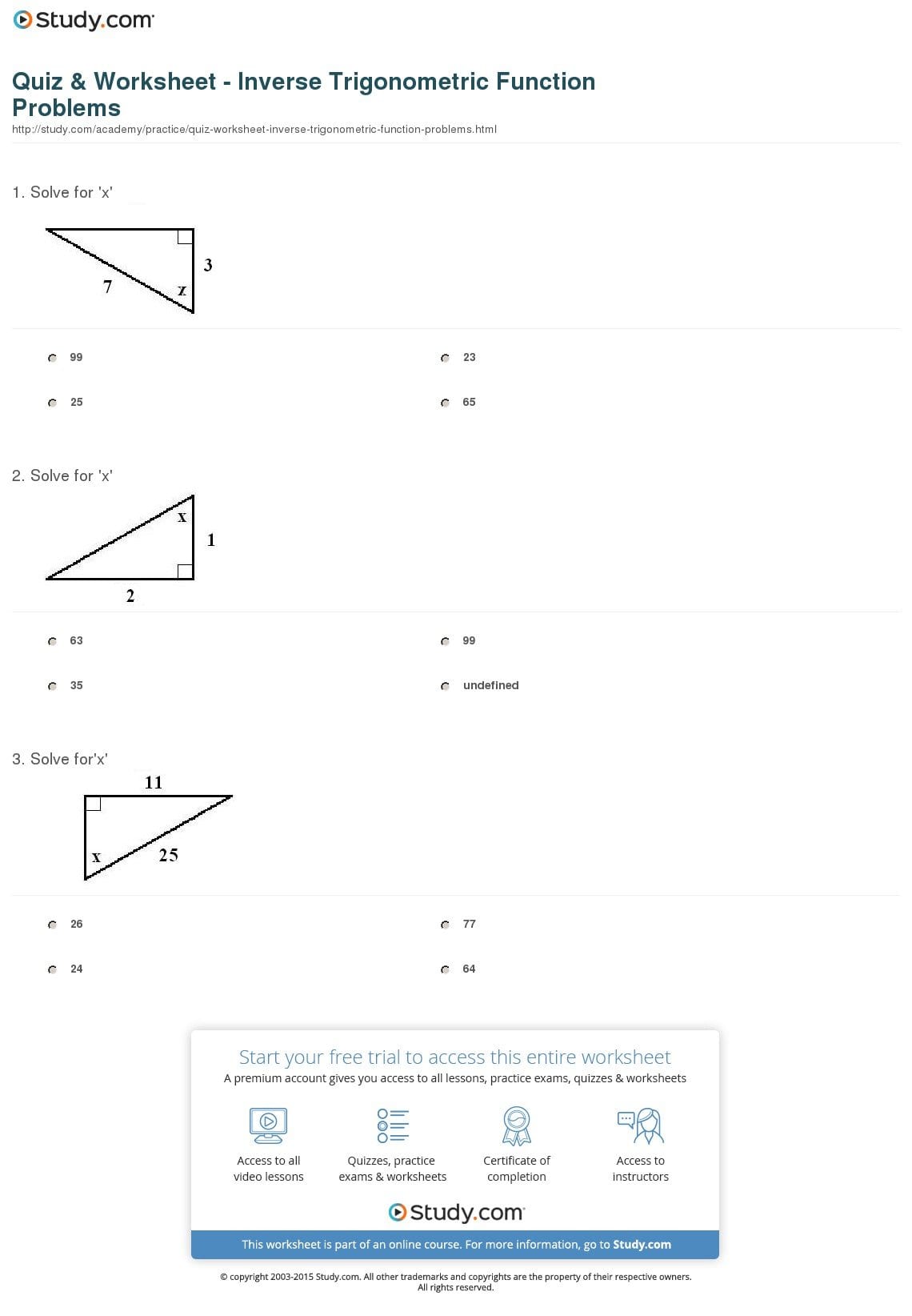 Quiz  Worksheet  Inverse Trigonometric Function Problems  Study Or Trigonometry Problems Worksheet