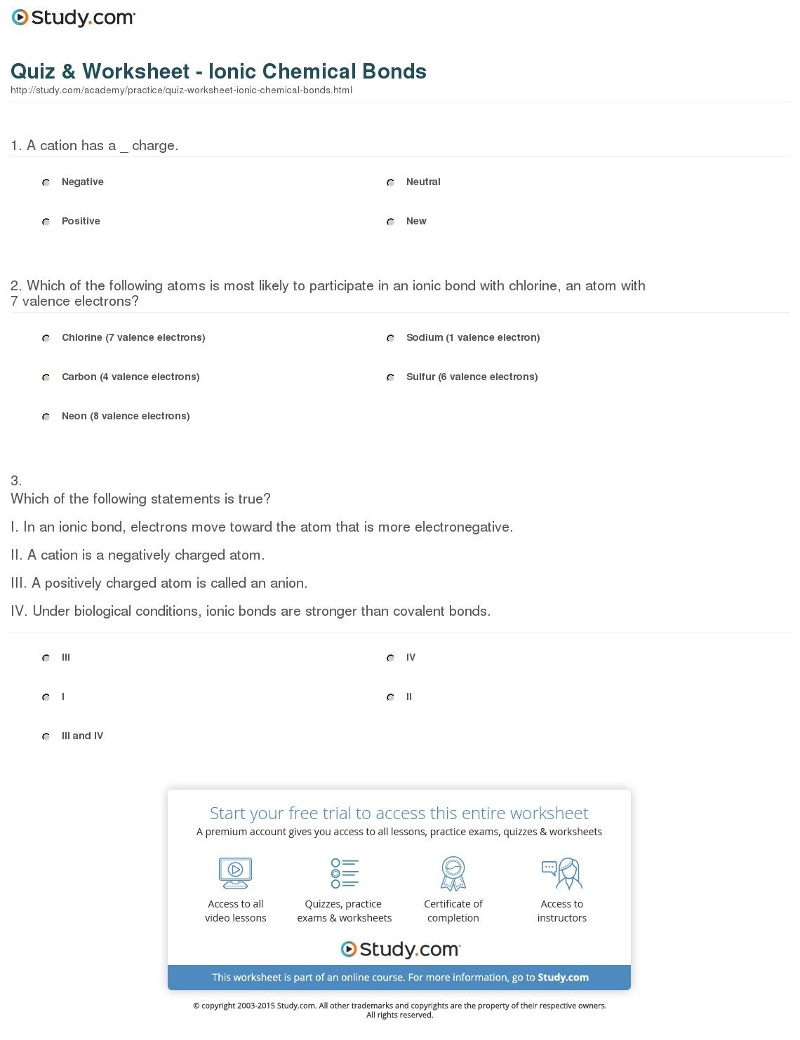 Quiz  Worksheet  Ionic Chemical Bonds  Study With Chemical Bonds Ionic Bonds Worksheet