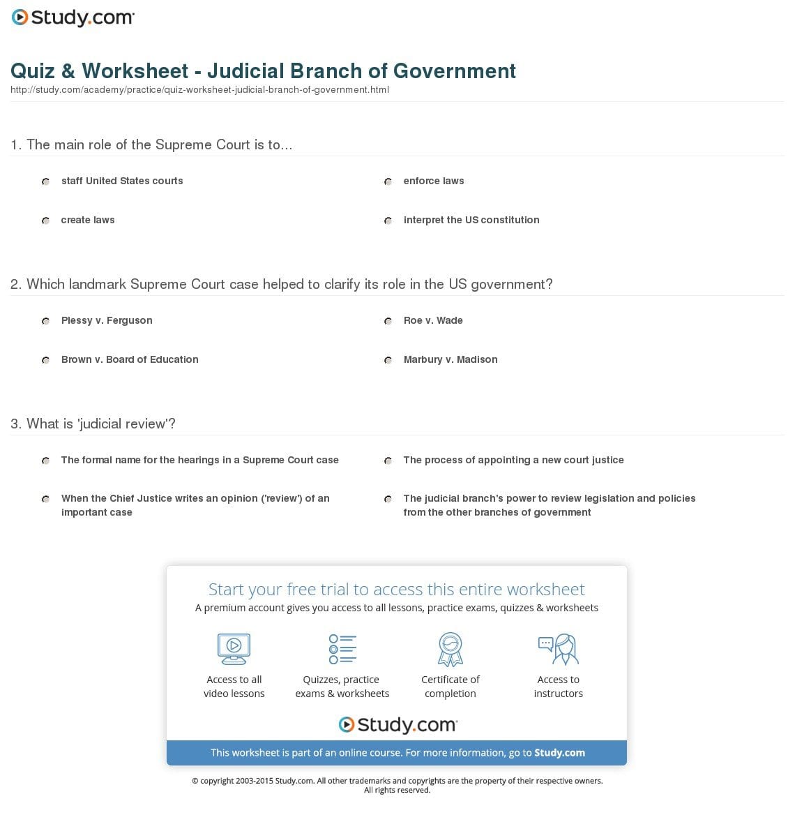 Quiz  Worksheet  Judicial Branch Of Government  Study And Our Courts The Judicial Branch Worksheet