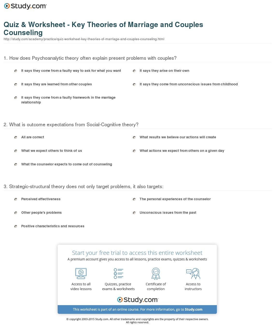 Quiz  Worksheet  Key Theories Of Marriage And Couples Counseling Or Couples Counseling Communication Worksheets