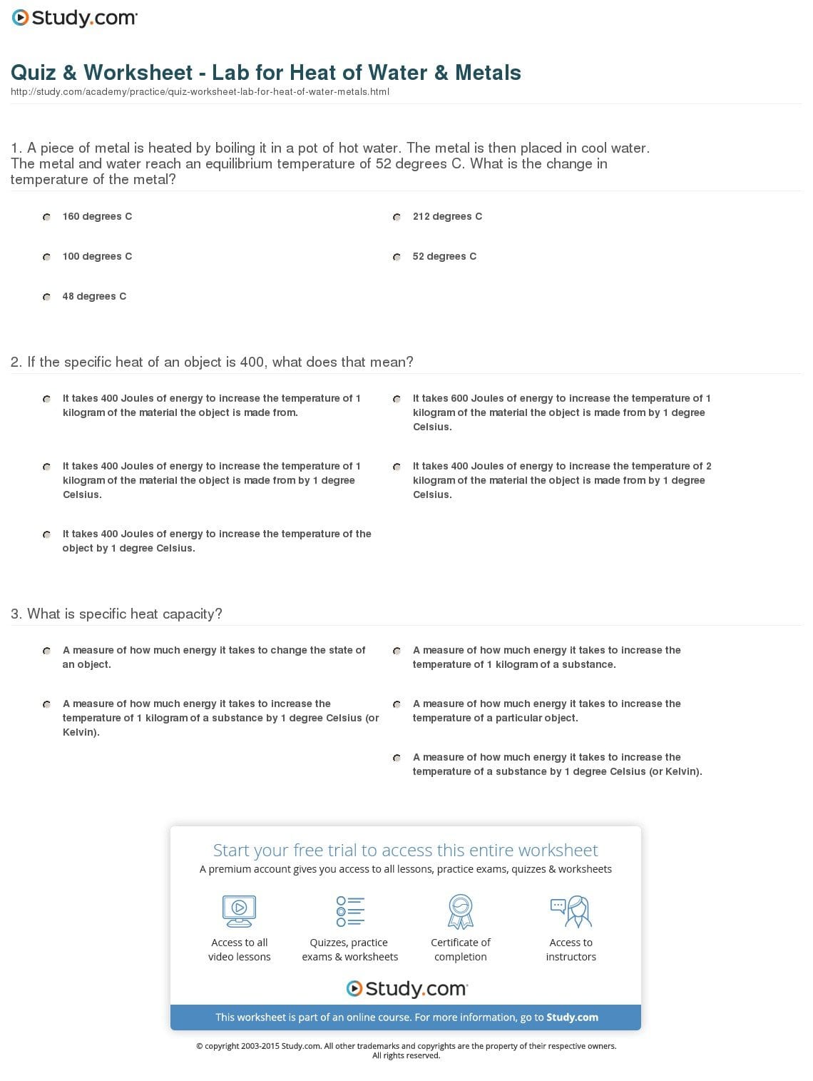 Quiz  Worksheet  Lab For Heat Of Water  Metals  Study With Worksheet Introduction To Specific Heat Capacities