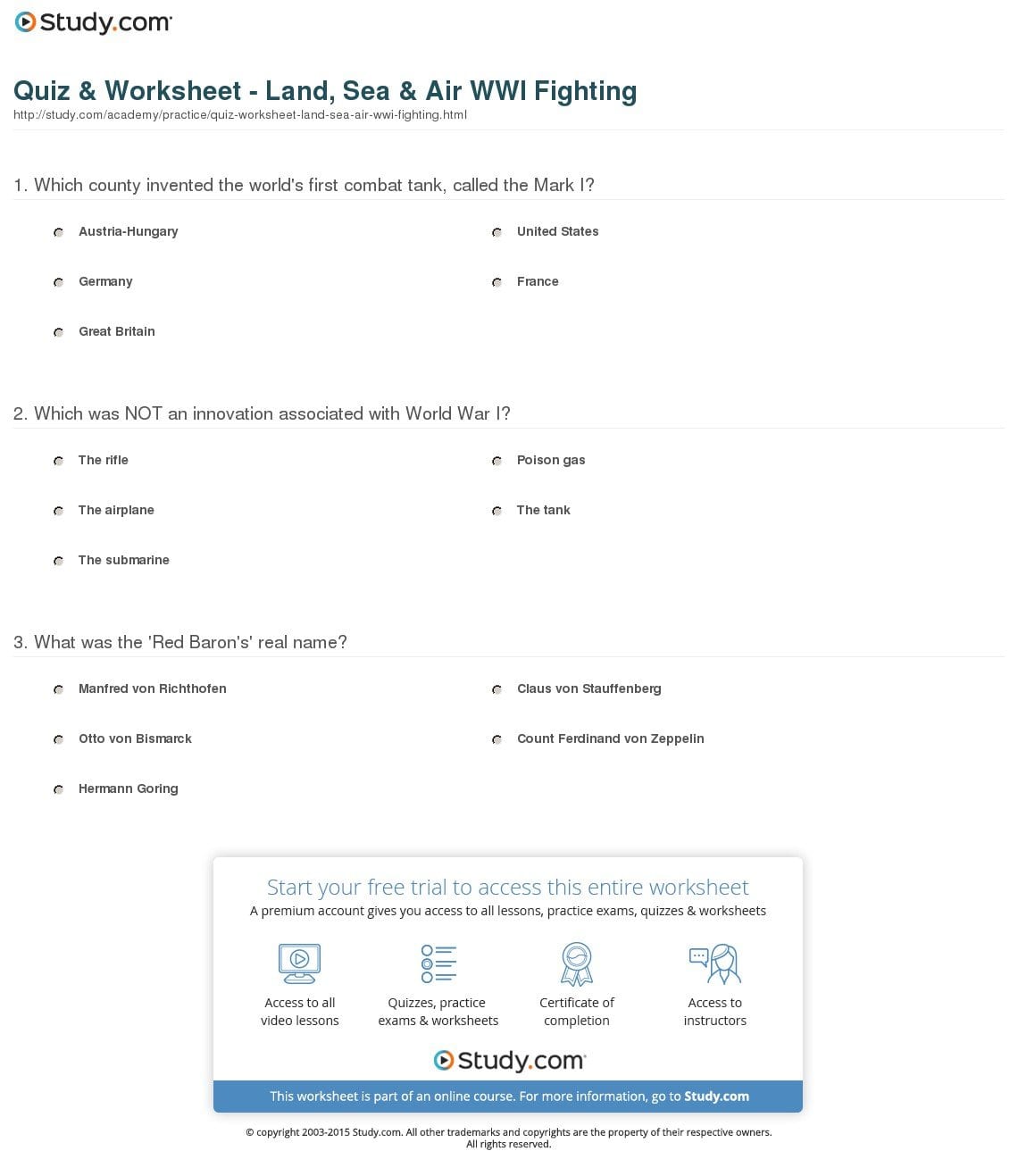 Quiz  Worksheet  Land Sea  Air Wwi Fighting  Study Together With English Worksheet Land