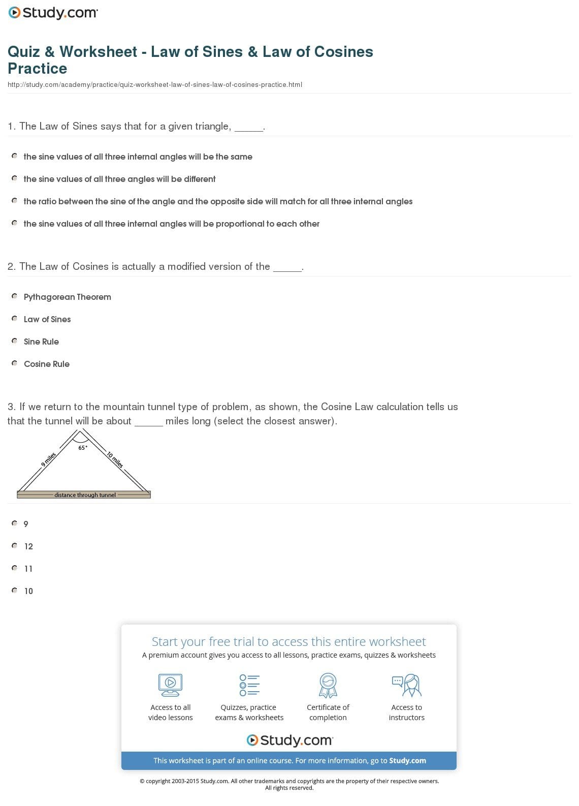 Quiz  Worksheet  Law Of Sines  Law Of Cosines Practice  Study And The Law Of Sines Worksheet