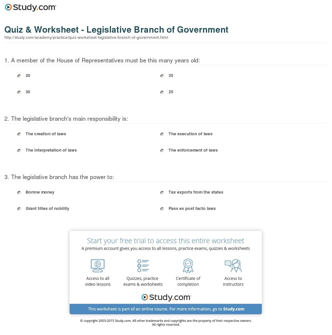 Quiz  Worksheet  Legislative Branch Of Government  Study Pertaining To Legislative Branch Worksheet