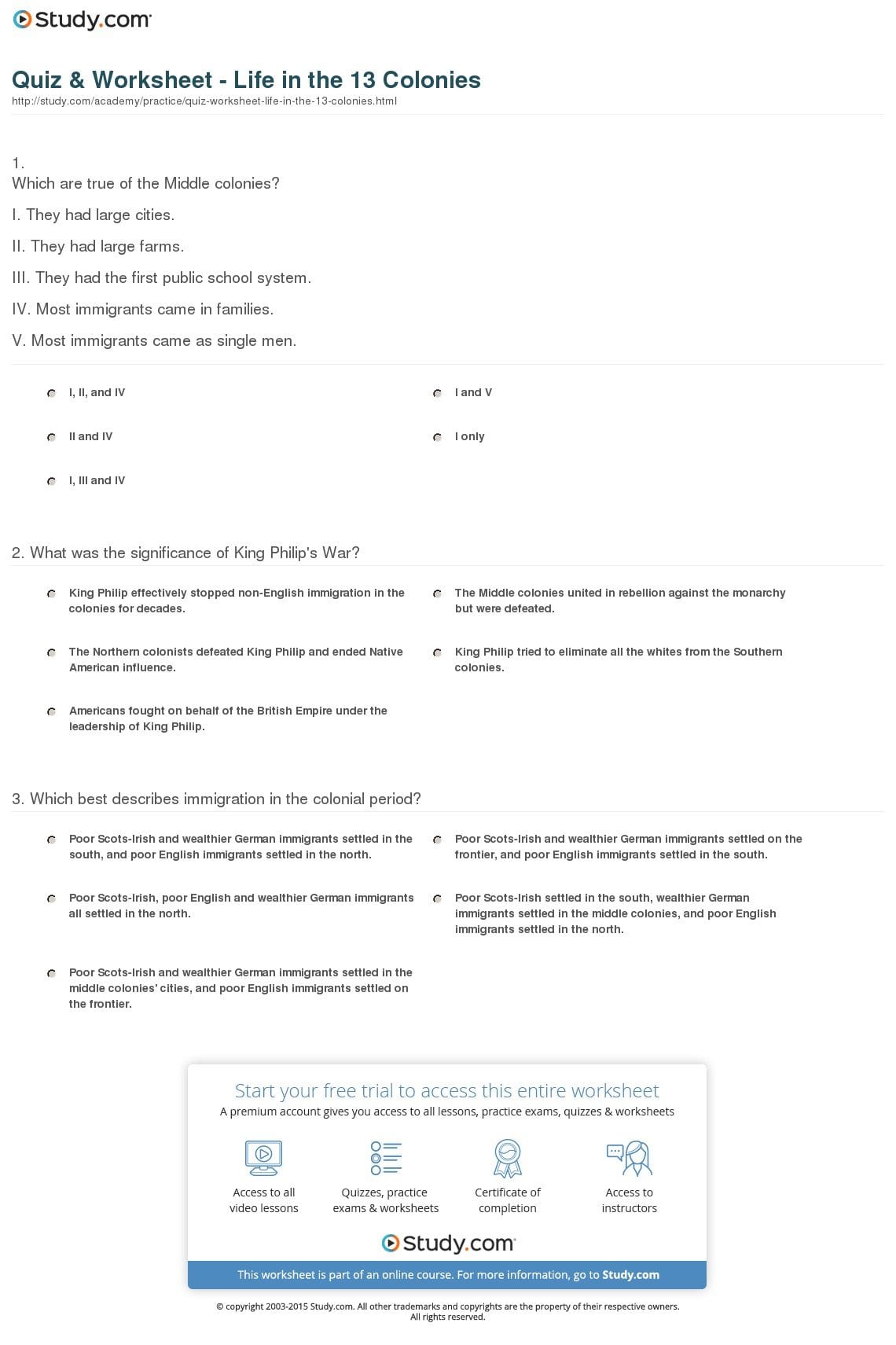 Quiz  Worksheet  Life In The 13 Colonies  Study Also Early Jamestown Colony Worksheet Answer Key